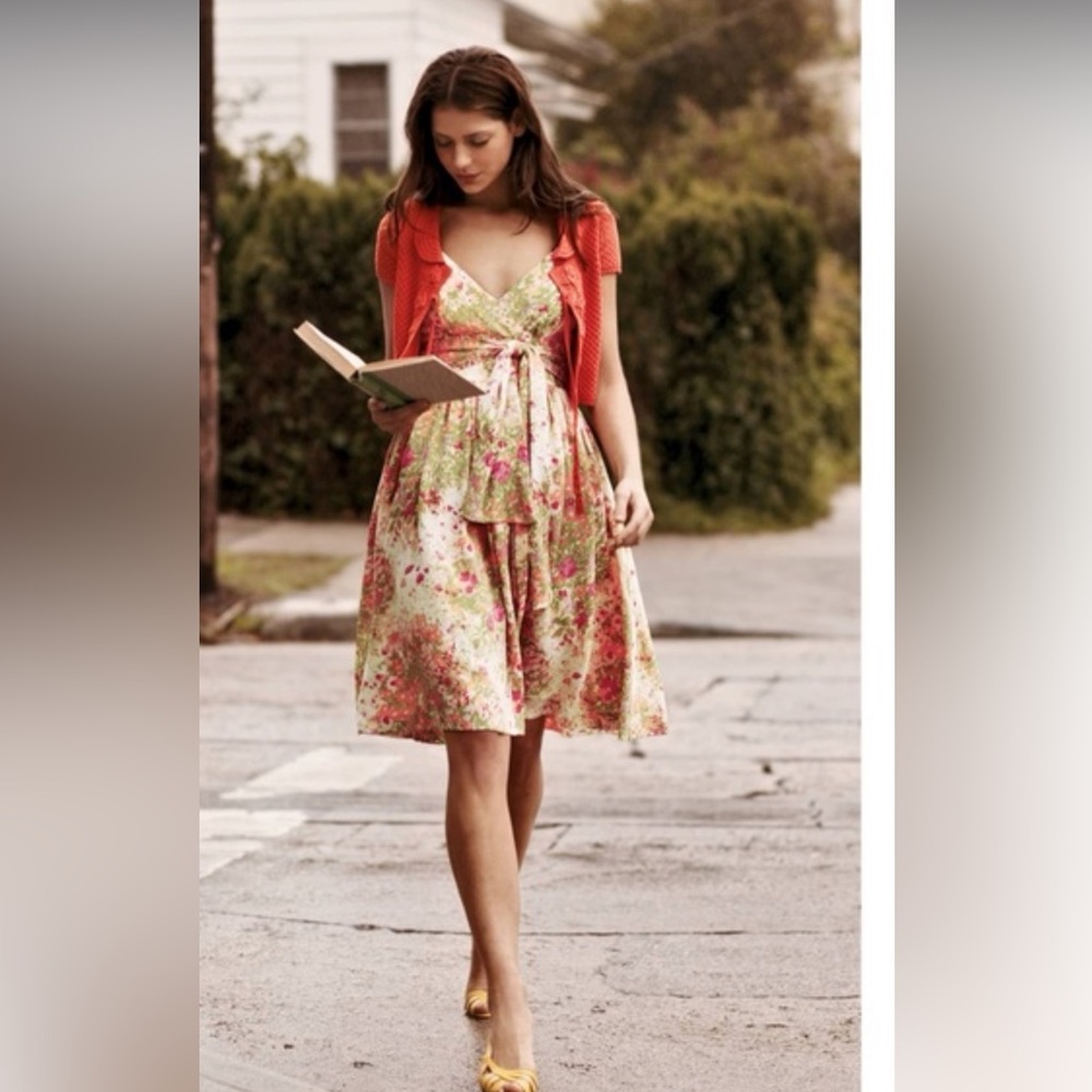 Anthropologie Plenty Tracy Reece Floral Tie-Waist Midi Dress  - Coral